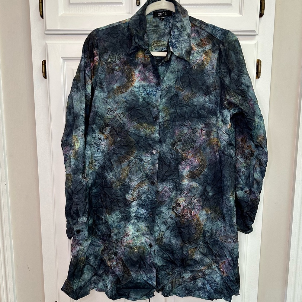 Comfy USA Lagenlook Button Down Crinkle Tunic Top Paisley Size Small
